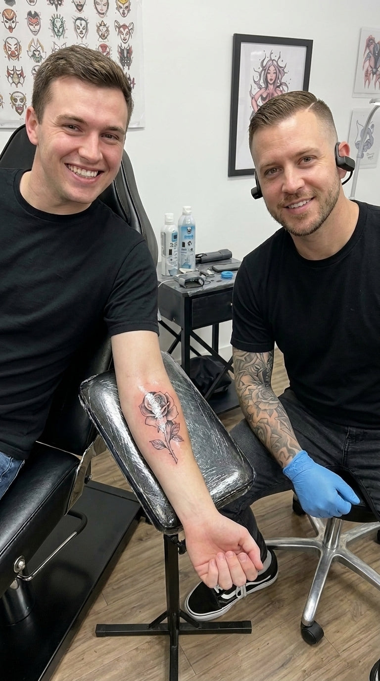 Tattoo client wearing the Freehand Cam POV camera headset in a tattoo studio