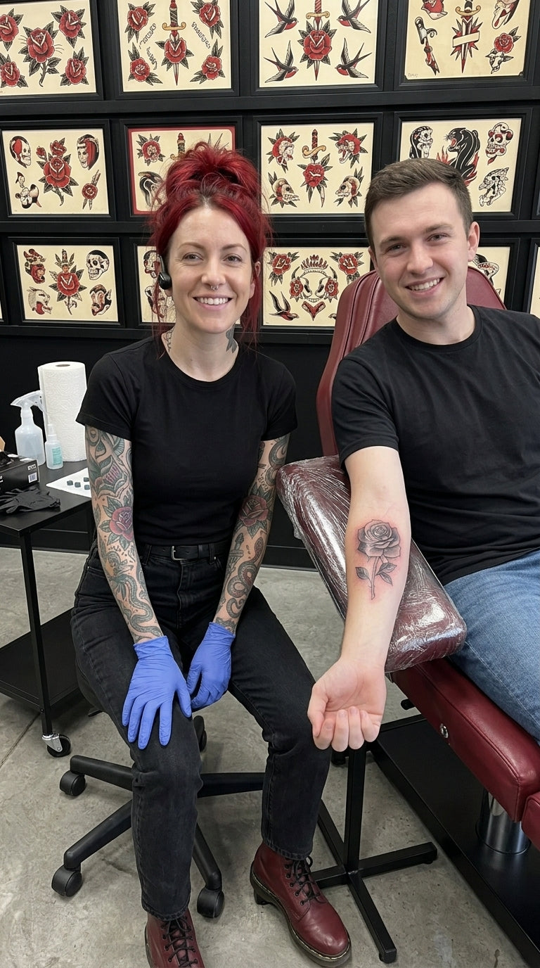 Tattoo artist wearing the Freehand Cam giving a thumbs up next to her client's finished rose tattoo